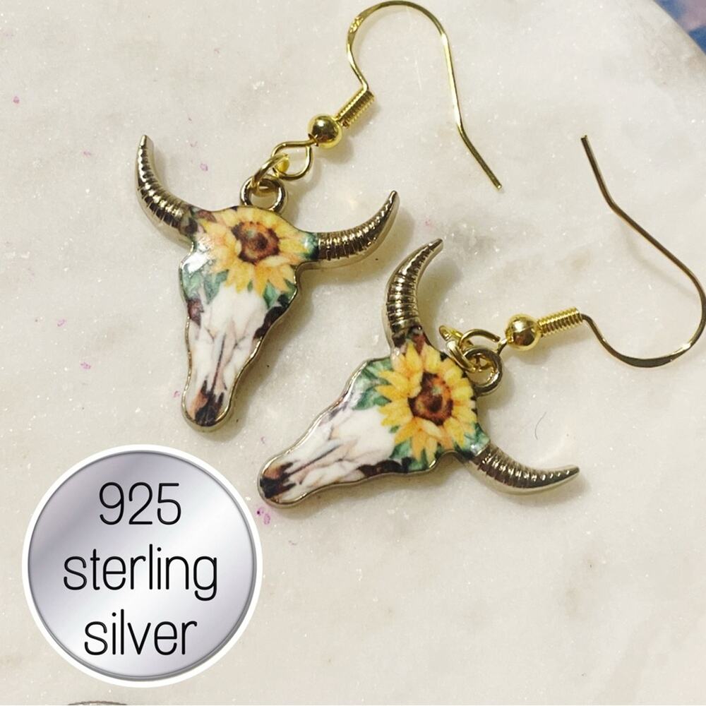 925 sterling silver Floral Bull Skull Earrings